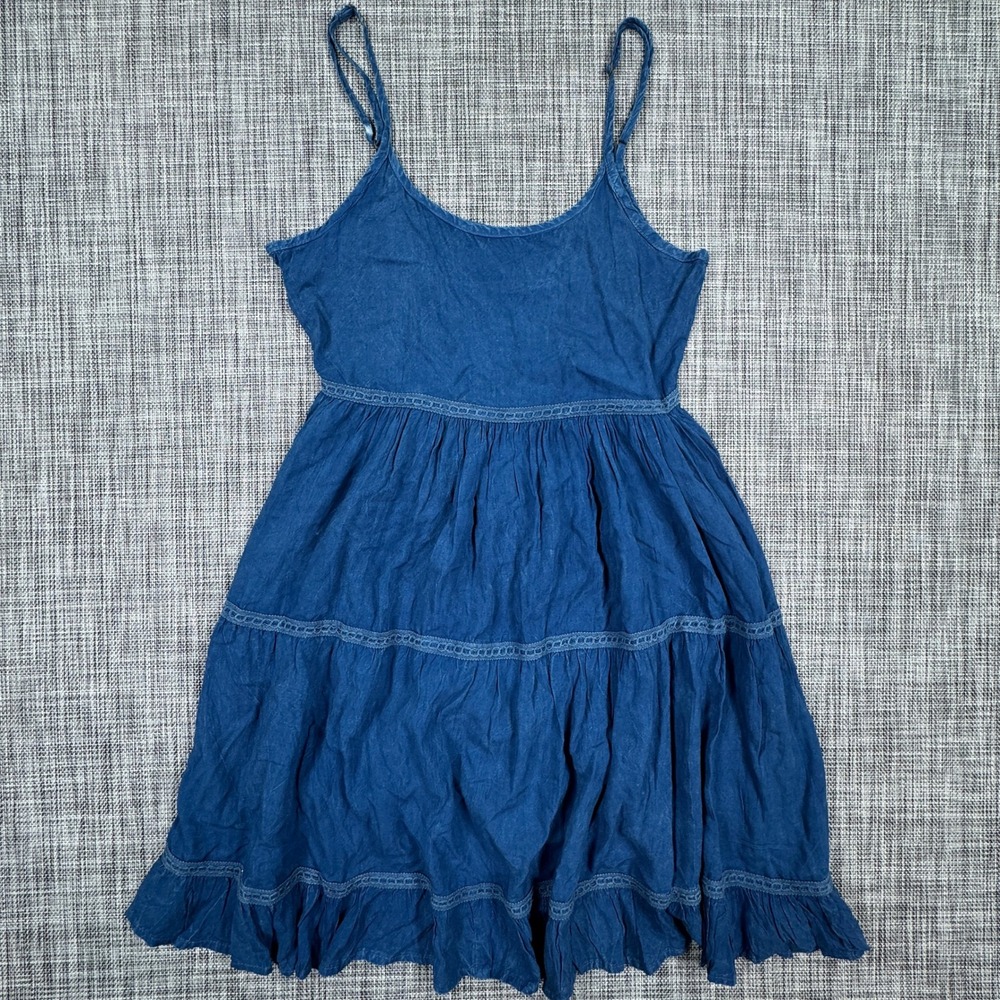 Kiwi + Punch Womens XS Blue Rayon Tiered Mini Dress Crochet Lace Trim Boho Beach